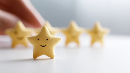 Fototapeta premium five star rating with golden stars and smiley feedback icons, excellent business services and customer experience concept, clean corporate background
