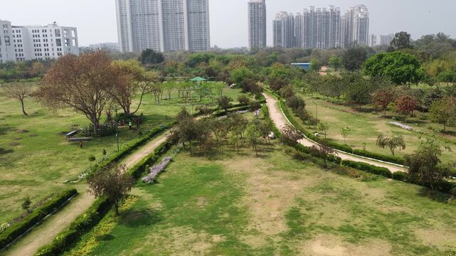 Park with residential building in new delhi, india 