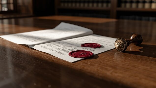 Notary public. Close-up of stamped documents on a table.