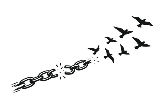 A conceptual illustration of a broken chain transforming into a flock of birds flying away free Vector