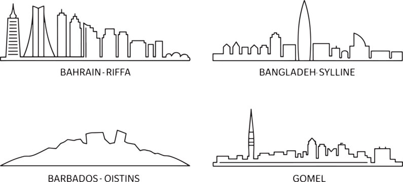 Modern line art vector skylines set including bahrain riffa bangladesh sylline barbados oistins and gomel city.