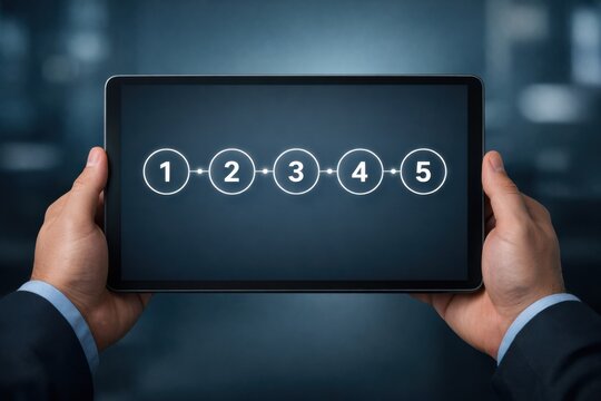 AI Process Workflow Steps Visualization with Sequential Numbered Stages and Digital Business Planning
