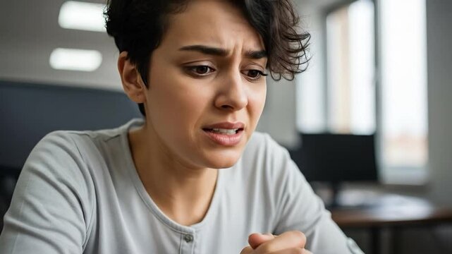 Stressed young woman experiencing imposter syndrome and workplace anxiety at her desk