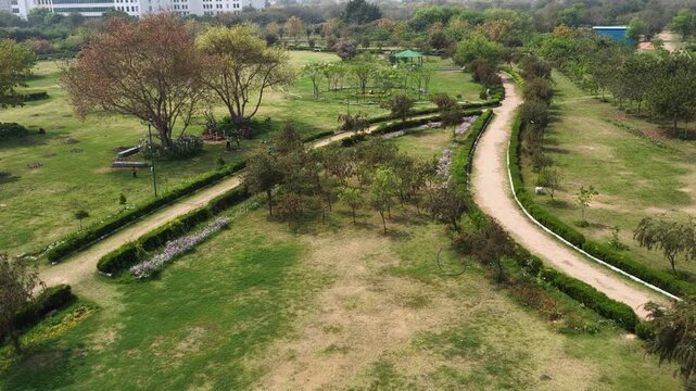 Cinematic drone view of park in new delhi 