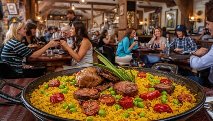 Obraz premium Rabbit and sausage paella. Traditional Spanish tapa recipe featuring meat.