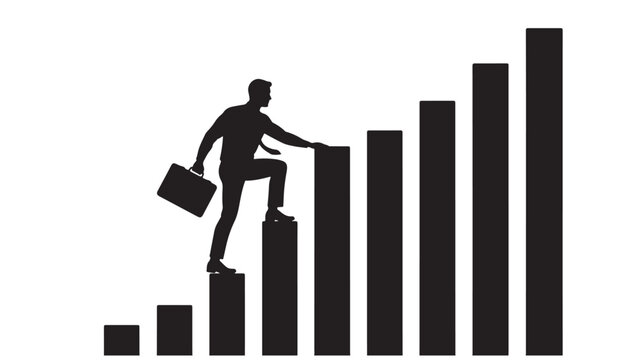 Silhouette of a businessman with a briefcase climbing a rising bar chart representing career growth and financial success.