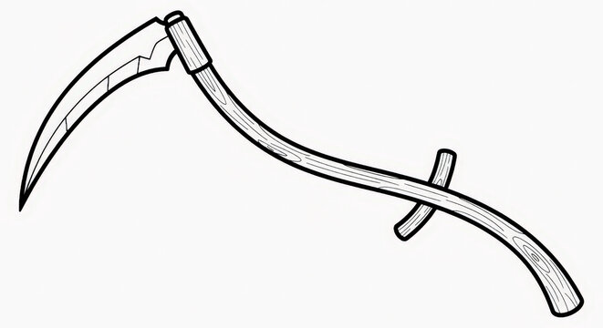 Elegant vector line art of a scythe blade with long handle against minimalist background