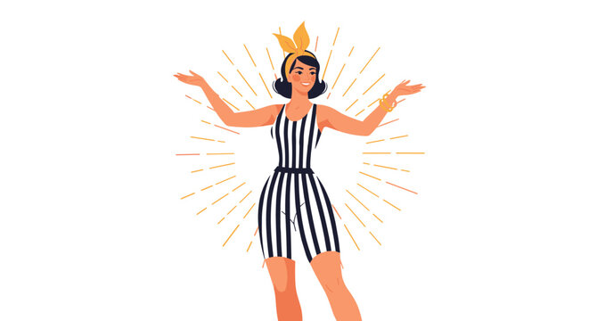 Vintage-style illustration of a smiling woman wearing a black and white striped swimsuit and a yellow headband for a summer look.