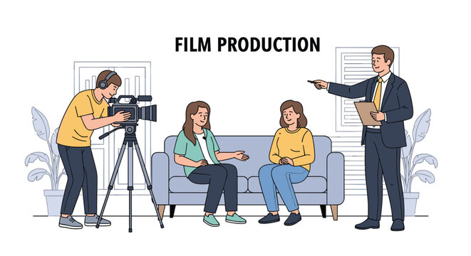 Film production crew including a cameraman and a director filming two women sitting on a sofa for a television talk show or movie scene.