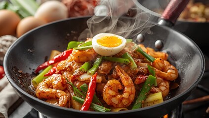 Fototapeta premium Sautéed squid and shrimp with salted eggs, featuring vegetables like green onion, celery, and chili, along with seasonings such as chili paste, sugar, and fish sauce.