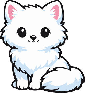 Adorable fluffy white fox character sitting down, cute and whimsical vector illustration