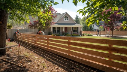 Fototapeta premium Setting up a horizontal wood fence around the property.