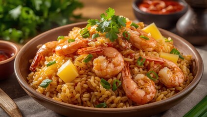 Fototapeta premium Shrimp and pineapple fried rice (Khao Pad Sapparod, Thai cuisine)