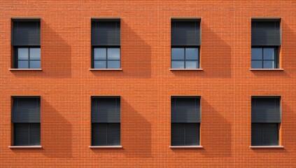 Fototapeta premium Shuttered Venetian blinds on a contemporary red brick wall form a recurring design.