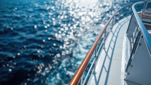 Ship deck safety barrier and metal guard over the ocean.