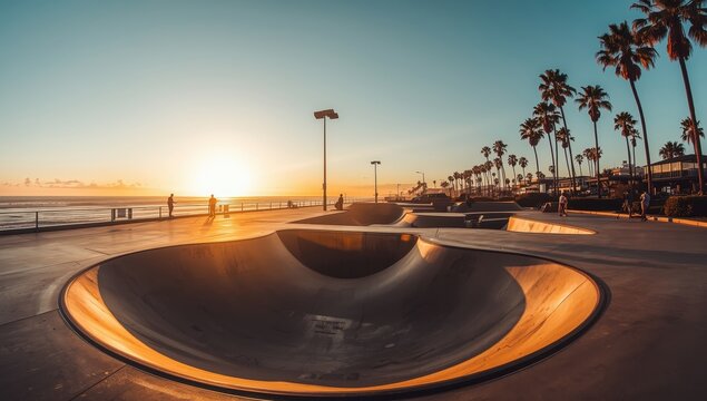 Skatepark with ramps and obstacles during dawn.