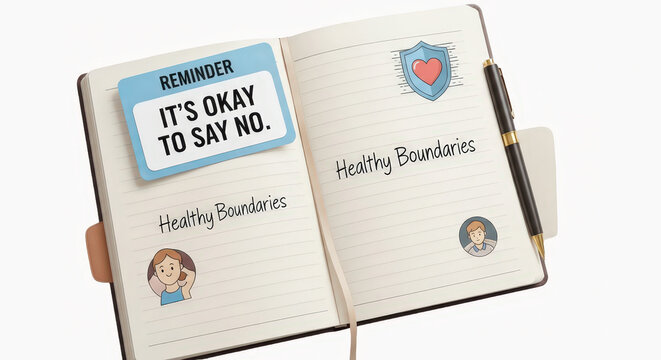 Notebook with 'healthy boundaries' notes and heart illustrations for personal growth and self care