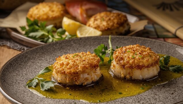 Supported Pecten Jacobaeus in shells. Gratin scallops. Seafood from the Mediterranean.