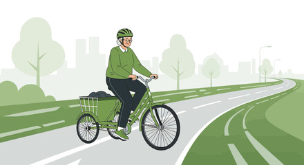 Fototapeta premium Senior woman enjoying bike ride on green tricycle along scenic path with city backdrop