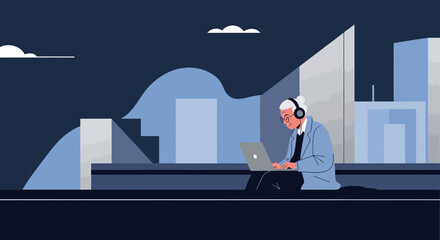 Fototapeta premium Senior professional with headphones working on a laptop in modern urban landscape setting