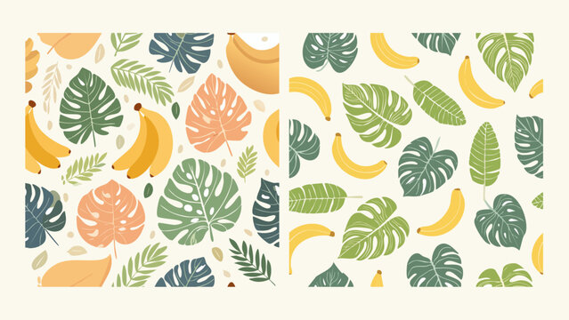 Vibrant seamless tropical patterns showcasing exotic banana fruit and lush botanical leaves, ideal for summer textile designs, nature-inspired backgrounds, or playful modern surface art
