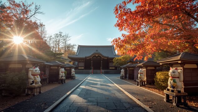 Gotokuji Temple on a sunny autumn day in Setagaya, Tokyo, is a Buddhist site known for its beckoning cat statues and lucky cat figurines.