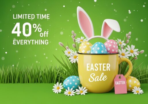 A festive easter sale advertisement featuring colorful eggs and bunny ears in a yellow coffee mug
