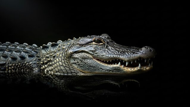 A close-up portrait of a crocodile with its mouth slightly open