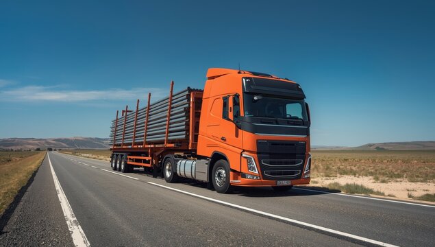 Truck carrying iron rods in an open-top box for easy loading or unloading.