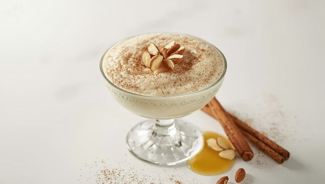 Turkish rice and milk dessert, sutlac, presented in a glass against a white backdrop.
