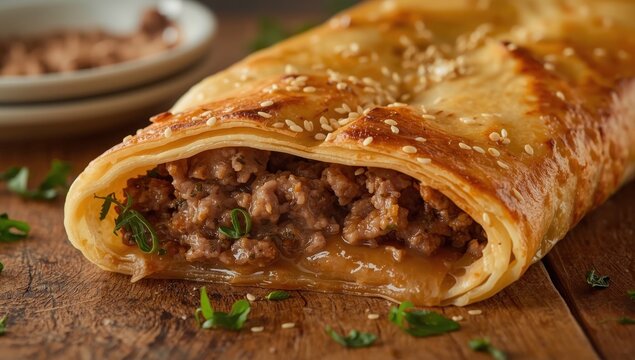 Turkish filo pastry filled with minced meat. Pie. Culinary context. Close-up.