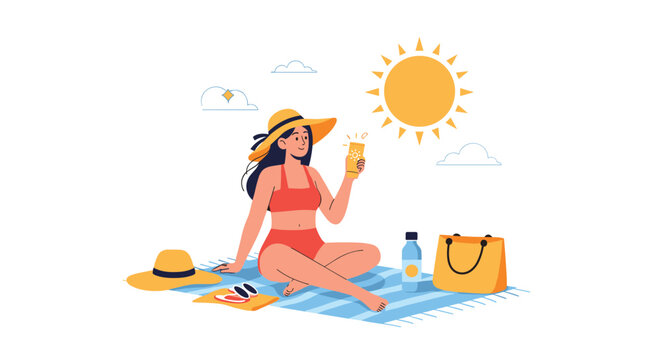 Young woman sitting on a beach towel under the bright sun and applying sunscreen to protect her skin during a summer holiday.