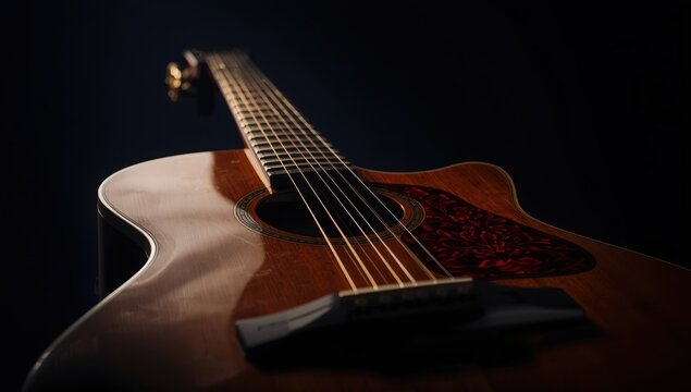 Upward view of a guitar neck surrounded by darkness.