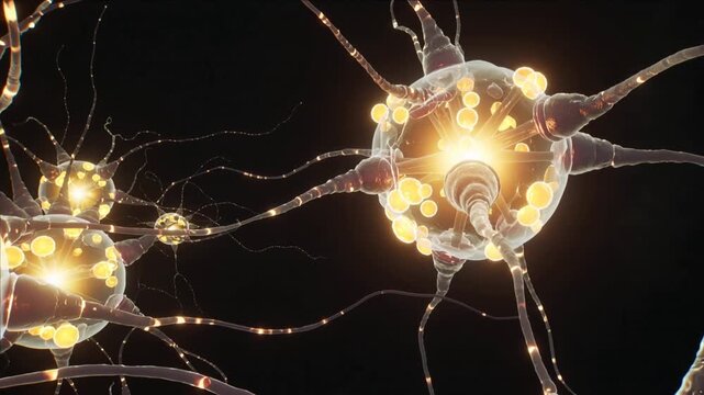 Neurons with glowing synapses in neural network, digital illustration of brain cells transmitting signals, concept of nervous system and communication in science and technology.