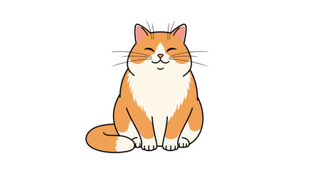 Fototapeta premium Cute chubby orange and white cat sitting calmly and smiling with eyes closed in a peaceful pose on a white background.