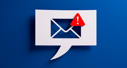 White speech bubble with mail warning notification symbol in front of a blue colored wall - 3D illustration