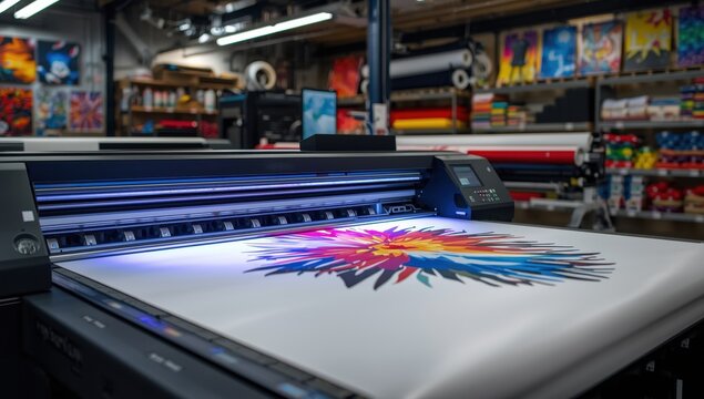 Wide-format printer operating on white tarp with ecosolvent ink (blurred focus).