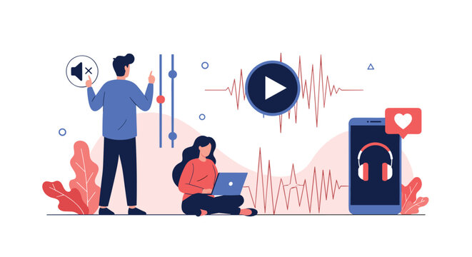 Creative team working on audio production and sound editing using modern digital tools and mobile application software.