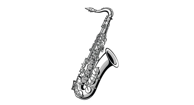 Detailed black and white illustration of a musical saxophone instrument showing keys and mouthpiece on a clean background.