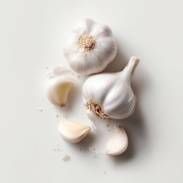 Flat lay composition with garlic cloves on light background