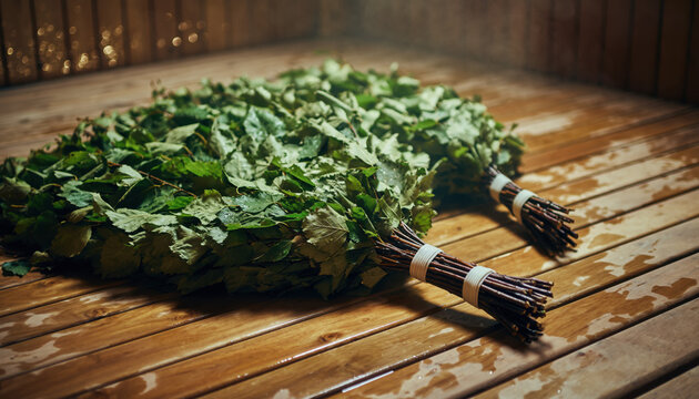 Bunches of green leaves on wooden floor in sauna for relaxation and cleansing ritual