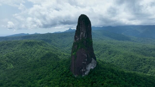 Pico C&atilde;o Grande, volcanic plug peak on S&atilde;o Tom&eacute; and Pr&iacute;ncipe, drone perspective
