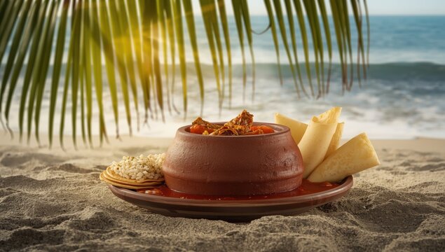 Spicy red chicken curry from Kerala served with porotta or naan, traditionally cooked in a clay pot, is a popular breakfast dish in Indian cuisine.