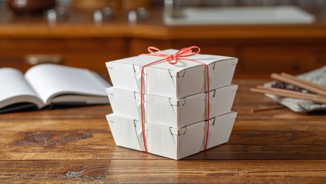Piled white rice containers secured with rubber bands on a wooden surface. Perfect for delivery, catering, takeout, or packaging ideas.
