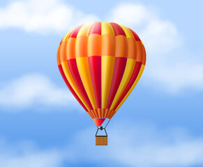 Obraz premium Hot air balloon. Realistic element striped aerostat with basket in clear blue sky with clouds, travel transport. Adventures and freedom. Journey or advertising object. Vector 3d illustration