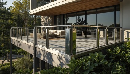 Fototapeta premium Contemporary balustrade features polished and satin steel details, providing safety from falls. Modern architectural handrail design.