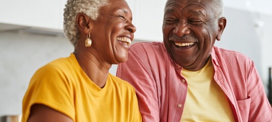 Naklejka premium Elderly Couple Sharing a Joyful Moment, Laughing and Embracing in Kitchen