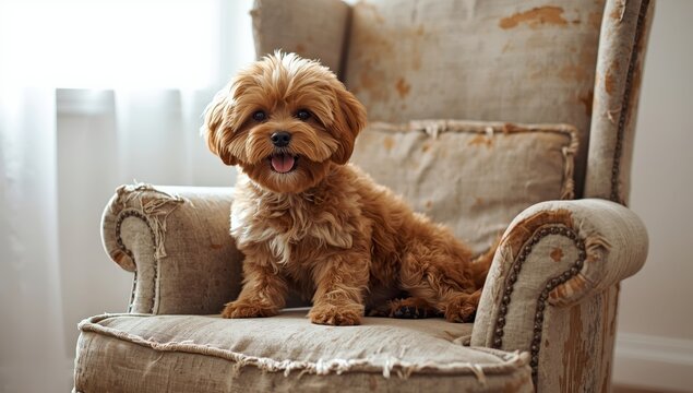 Adorable big furry dog on a torn armchair, Cao de Agua breed, pet lifestyle theme, blank space.