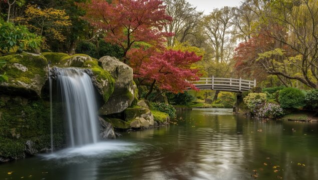 Long exposure of a waterfall with maple trees and a bridge in a Kyoto-style garden at Holland Park, London, featuring a green summer pond.