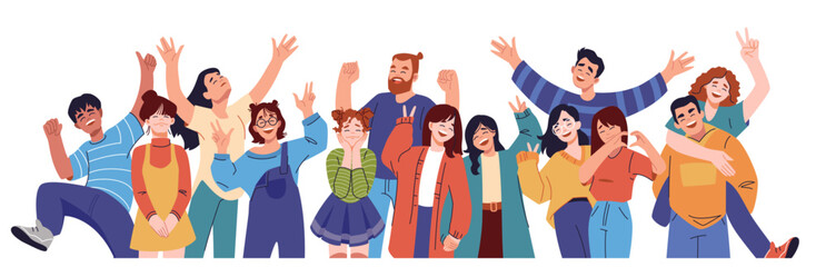Obraz premium People group. Happy diverse team, friend or teamwork community. Different staff teamwork, human crowd. Joyful men and woman. Happy characters. Vector cartoon portrait isolated illustration